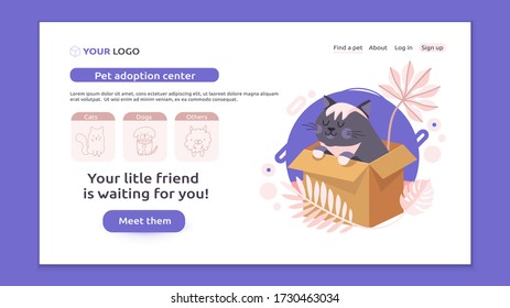 Perfect banner for your website of pet adoption, animal store or vet clinic. Cute fluffy black cat sits in the box and waiting for its new family and owner. Cartoon colorful vector