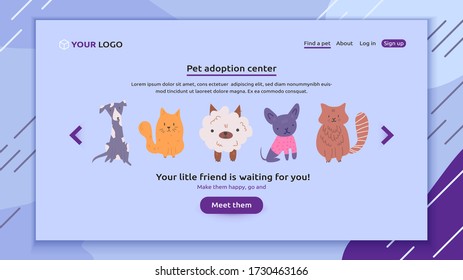 Perfect banner for your website of pet adoption, animal store or vet clinic. Group of cute dogs and cats are waiting for their new family and want to meet the owner. Cartoon colorful vector