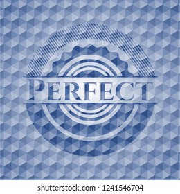 Perfect blue emblem with geometric pattern background.