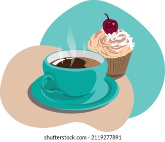 The perfect breakfast: a cup of hot aromatic coffee and a cupcake with cream and a cherry on top for the design of a website or a social network