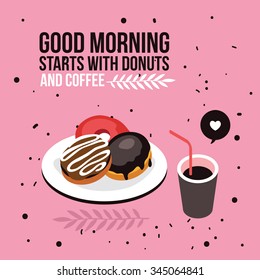 Perfect breakfast Donuts Coffee background Modern flat isometric design style
