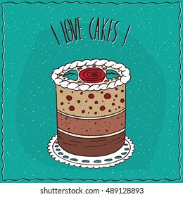 The perfect cake round shape, with several layers, the top decorated with a cream in the form of roses and leaves, lie on lacy napkin. Handmade cartoon style. Vector illustration