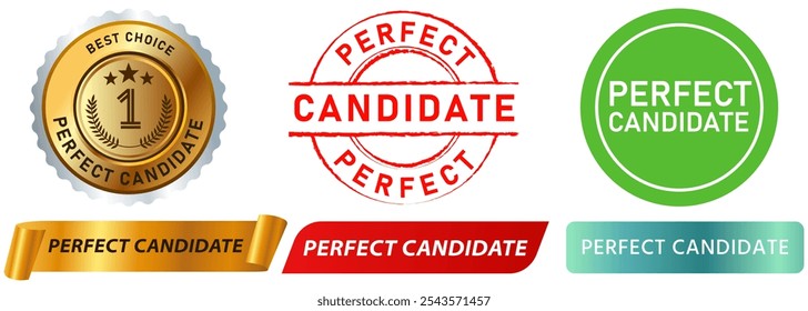 Perfect candidate working stamp recruitment badge round sticker label banner colorful hiring hired worker design icon collection emblem