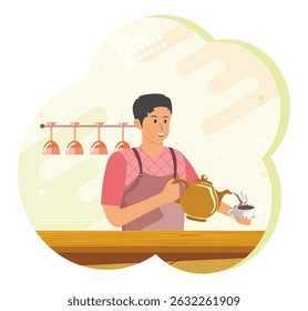 Perfect Cappuccino concept. A  barista wearing an apron, serving Cappuccino with a warm smile in a cozy cafe setting. 