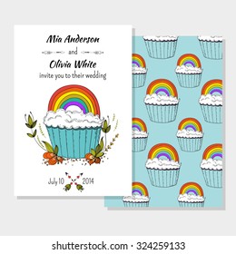 Perfect card templates with cute cupcake  and  rainbow. Lesbian couple wedding invitations card with hand drawn elements 