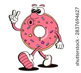 Perfect Cartoon Donut vector Character. Sweet Donat with pink glaze emotion face hands and legs  isolated transparent background. Template design for sweetshop poster menu cover print. EPS 10