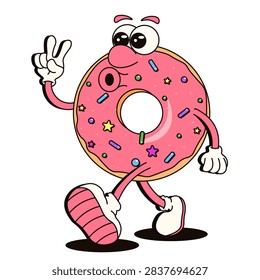 Perfect Cartoon Donut vector Character. Sweet Donat with pink glaze emotion face hands and legs  isolated transparent background. Template design for sweetshop poster menu cover print. EPS 10