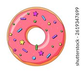 Perfect Cartoon Donut vector illustration. Sweet Donat with pink glaze isolated transparent background. Template design for sweetshop poster menu cover print. EPS 10