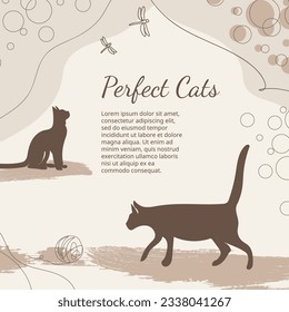 Gatos perfectos. Diseño decorativo de vectores con los gatos. Plantilla colorida con espacio de copia. Diseño moderno para tarjetas, postales, fondo de diseño de portada. 