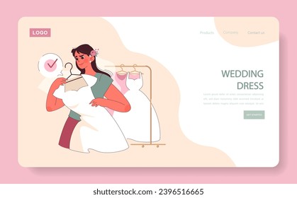 Elección perfecta: Una futura novia encantada encuentra su vestido de novia de ensueño, simbolizando un momento de alegría y preparación. Ilustración plana vectorial.