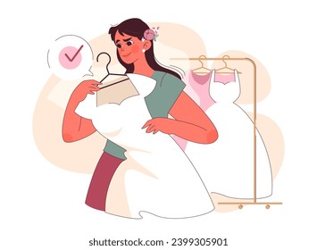 Elección perfecta: Una futura novia encantada encuentra su vestido de novia de ensueño, simbolizando un momento de alegría y preparación. Ilustración plana vectorial.