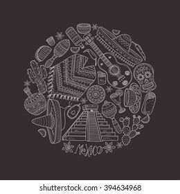 Perfect circle composition with  Mexico related hand drawn icons including pyramid, maracas, poncho, food, cactuses and others.Hand drawn Mexico card template. Vector 