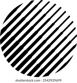 A perfect circle filled with parallel black diagonal stripes running at a 45-degree angle, with slight variations in the thickness of each stripe, set against a white background. 