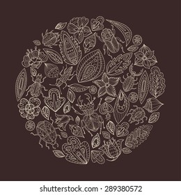 Perfect circle floral composition with ornamental flowers, bugs and leaves. Hand drawn card template. Vector