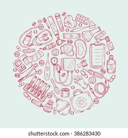 Perfect circle medical composition with hand drawn equipment, medical tools and drugs. Hand drawn medical card template. Vector