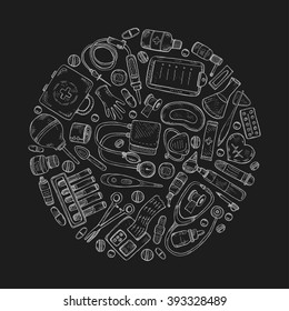 Perfect circle medical composition with hand drawn equipment, medical tools and drugs. Hand drawn medical card template. Vector