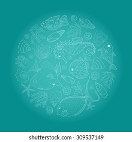 Perfect circle sea composition with hand drawn fish, seashells and seaweeds. Hand drawn oceanic  card template. Vector