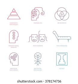 Imágenes perfectas de vectores limpios de diferentes teorías de psicología, incluido el psicodrama, ?dieta?ático, análisis transaccional, comportamiento, gestalt.Á?Â?Brunei?Â Salud mental, autismo, símbolos de problemas mentales. 