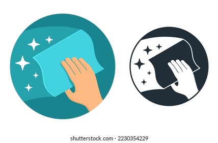 Perfect cleaning properties of microfiber icon. Hand of houseworker wipes the surface with a napkin. Agent that cleaning from dust to shine. Housekeeping service concept. Vector illustration