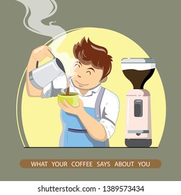 Perfect coffee. Positive delighted man standing at the counter while offering you delicious coffee