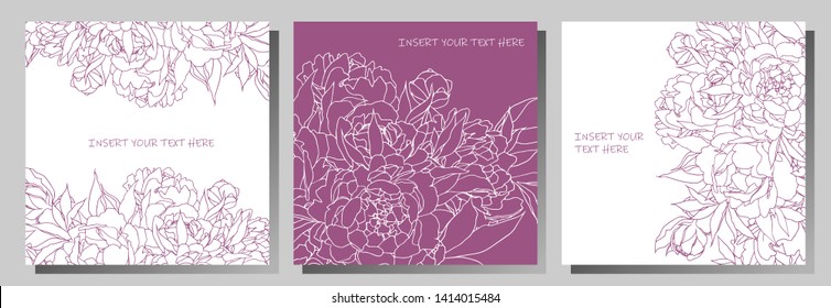 Perfect collection of 3 floral cards. Vector file organized in layers for easy editing.
Set of card with flower pionnes, leaves and geometrical frame. Ornament concept. Floral poster,