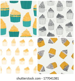 Perfect collection of 4 seamless patterns with cup cakes. Vector file organized in layers for easy editing.