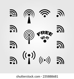 Perfect collection of different black vector wireless and wifi icons for remote access and communication via radio waves