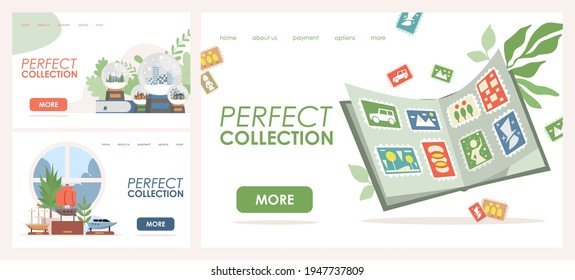 Perfect collection vector flat landing page templates. Stickers or cards in book, glass snowballs with city landscapes and ships collections. Hobby shop, favorite pastime, passion website concept.