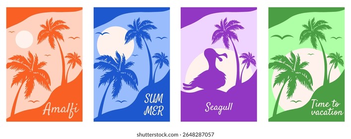 Perfect colored Italy Amalfi Summer poster cover. Vector illustration italian tile seagull palm tree and sun, contemporary Summer background. Ideal room interior wall art. EPS 10