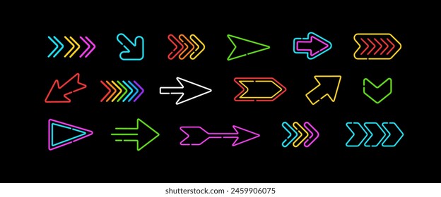 Conjunto de iconos de flecha de colores perfecto. Vector Neón resplandeciente puntero de flecha sobre fondo negro. Web editable Flechas signos Punteros símbolos y Elementos