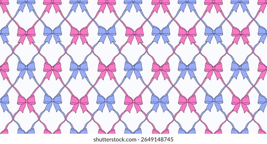 Perfect Coquette seamless Trellis with pink and blue Bows Ribbons, Coquettish style wall decor wallpaper fabric textile print background, wrapping paper with Bow