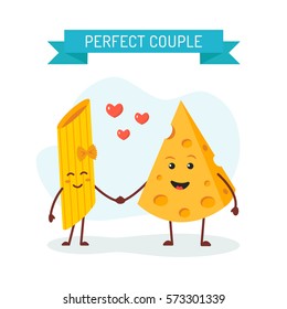 Perfect couple: cheese and pasta penne characters. Flat design. Vector illustration. svg