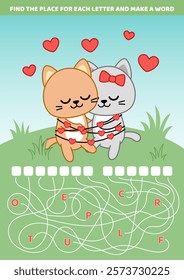Perfect couple. Find the place for each letter and make a word. Maze, labyrinth. Cartoon, isolated vector illustration eps 10