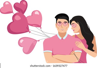 perfect couple love. romantic gift in Valentine's Day. girlfriend and boyfriend in pink heart shaped glasses are holding balloons. vector illustration