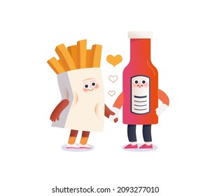 Perfect couple -Valentines day graphics. Modern flat vector concept illustration -French fries potato and bottle of ketchup in love, holding their hands. Cute characters in love, perfect match concept