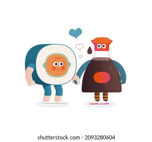 La pareja perfecta -gráficos del día de San Valentín. Ilustración moderna del concepto vectorial plano - rollo de sushi y una botella de soja en el amor, sosteniendo sus manos. Personajes cortos enamorados, concepto de coincidencia perfecto