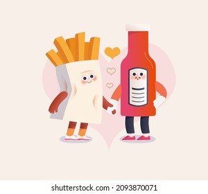 Perfect couple -Valentines day graphics. Modern flat vector concept illustration -French fries potato and bottle of ketchup in love, holding their hands. Cute characters in love, perfect match concept