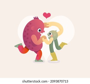 Perfect couple -Valentines day graphics. Modern flat vector concept illustration - a bean and a pea in love, holding their hands. Cute characters in love, perfect match concept