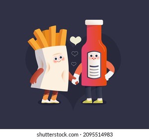 Perfect couple -Valentines day graphics. Modern flat vector concept illustration -French fries potato and bottle of ketchup in love, holding their hands. Cute characters in love, perfect match concept