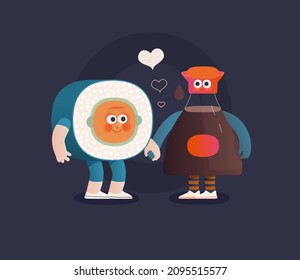 Perfect couple -Valentines day graphics. Modern flat vector concept illustration - sushi roll and a bottle of soy sause in love, holding their hands. Cute characters in love, perfect match concept