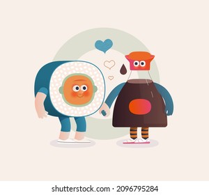 Perfect couple -Valentines day graphics. Modern flat vector concept illustration - sushi roll and a bottle of soy sause in love, holding their hands. Cute characters in love, perfect match concept