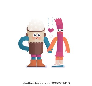 Perfect couple -Valentines day graphics. Modern flat vector concept illustration -Coffee cappuccino and a stick of sugar in love, holding their hands. Cute characters in love, perfect match concept