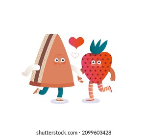 Perfect couple -Valentines day graphics. Modern flat vector concept illustration - a piece of shortcake and a srawberry in love, holding their hands. Cute characters in love, perfect match concept