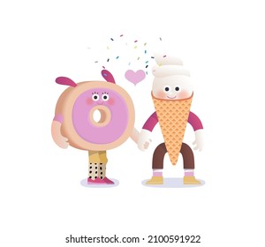 Perfect couple -Valentines day graphics. Modern flat vector concept illustration - a doughnut and a waffle ice-cream in love, holding their hands. Cute characters in love, perfect match concept