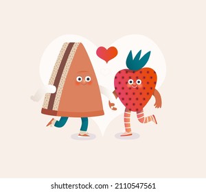 Perfect couple -Valentines day graphics. Modern flat vector concept illustration - a piece of shortcake and a srawberry in love, holding their hands. Cute characters in love, perfect match concept