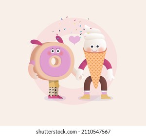 Perfect couple -Valentines day graphics. Modern flat vector concept illustration - a doughnut and a waffle ice-cream in love, holding their hands. Cute characters in love, perfect match concept