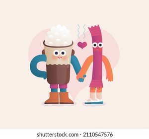 Perfect couple -Valentines day graphics. Modern flat vector concept illustration -Coffee cappuccino and a stick of sugar in love, holding their hands. Cute characters in love, perfect match concept