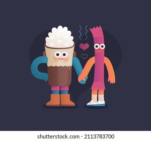 Perfect couple -Valentines day graphics. Modern flat vector concept illustration -Coffee cappuccino and a stick of sugar in love, holding their hands. Cute characters in love, perfect match concept