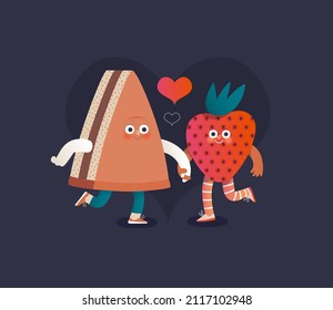 Perfect couple -Valentines day graphics. Modern flat vector concept illustration - a piece of shortcake and a srawberry in love, holding their hands. Cute characters in love, perfect match concept