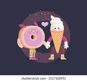 Perfect couple -Valentines day graphics. Modern flat vector concept illustration - a doughnut and a waffle ice-cream in love, holding their hands. Cute characters in love, perfect match concept